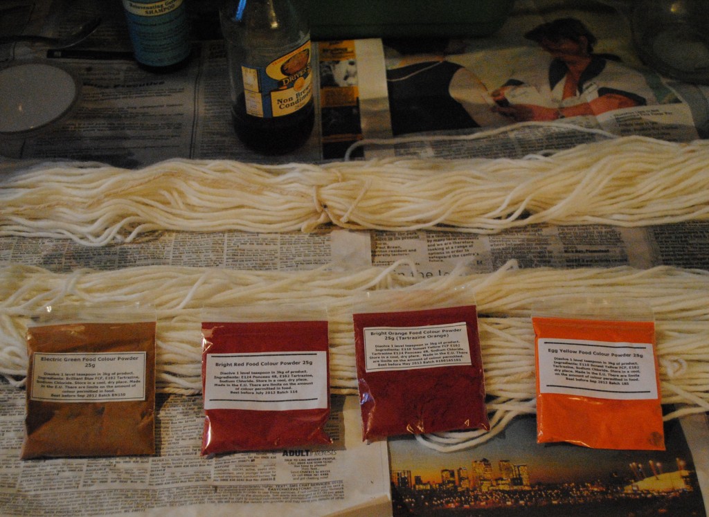 Yarn and Food Colouring ready for dyeing